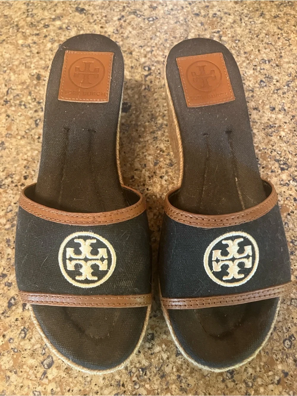 Tory Burch Black Canvas and Brown Leather-Trim Slide Mules